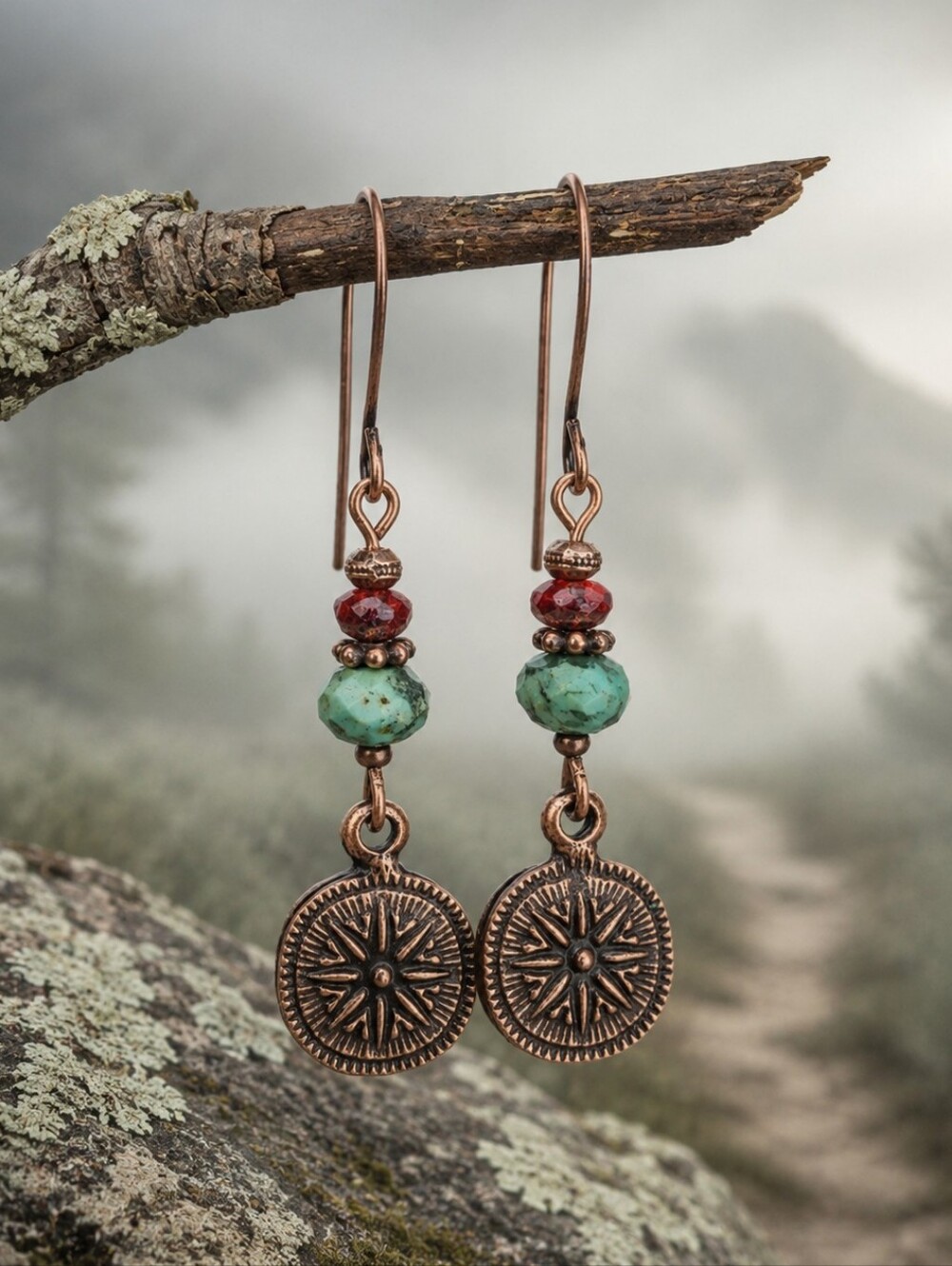 African Turquoise Jasper Compass Earrings Red Czech Glass Copper Hand Crafted